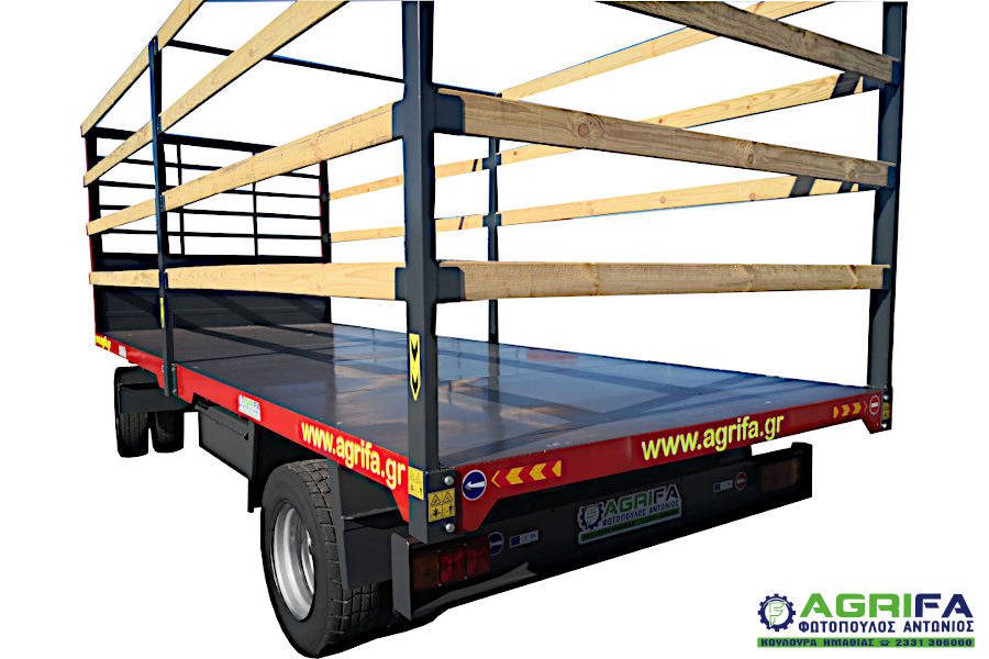 Διαξονική πλατφόρμα, τρέιλερ, καρότσα αγροτικής χρήσης με ελαστικά φορτηγών χαμηλού προφίλ, αποσπώμενα κιγκλιδώματα με σανίδια, φρένα, μυλο περιστροφής,